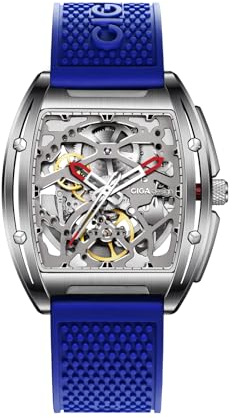 CIGA Design Edge Automatik Uhr Herren | Titan/Edelstahl Gehäuse, Tonneau Beidseitiges Skelettdesign, Silikonarmband, Luxusuhr Geschenk Herren