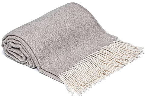 Drobė HOME Wolldecke aus 100% Reine Merinowolle, 140x200cm, Beige/Weiß I Weicher, Einfarbige Decke aus Schurwolle mit Fischgrätenmuster und Fransen I Perfekt als Überwurf Sofadecke, Tagesdecke
