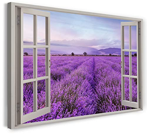 Printistico Bilder Fensterblick 80x60cm Baumwoll-Leinwand auf Keilrahmen mit Aufhänger moderner Kunstdruck XXL Wandbilder Wand-Dekoration Blumenfeld Violet Berge Himmel - Natur-Fotografie
