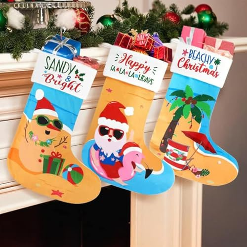 Vansolinne Beach Christmas Stockings 3 Pack 11'' x 17'' Coastal Christmas Decorations Funny Tree Hanging Ornament Bag Fireplace Hanging Soft Large Plush Socks with Santa Flamingo Palms Xmas Gifts