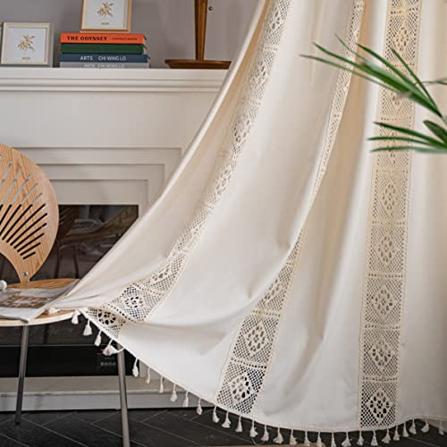 Sutuo Home Boho Curtain Crochet Lace Patchwork Semi-Blackout Bohemian Handmade Tassels, Rod Pocket Window Treatment Vintage Rustic Farmhouse Drapes for Living Bedroom, 1 Panel 59 W x 72 L, Beige
