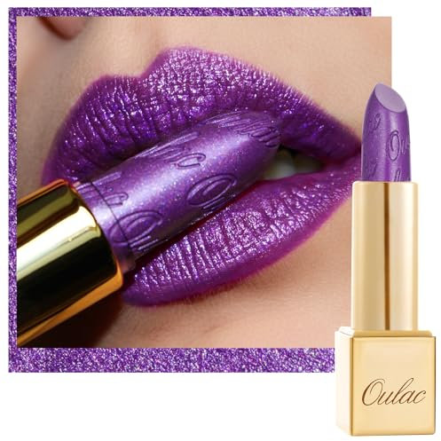Oulac Rossetto Metallizzato Lucido Viola, Rossetti Glitter Senza Profumo, Perlato e Brillante, Colore Intenso Lunga Durata, Formula Idratante Nutre le Labbra, Vegan & Senza Glutine, 16 Royal Sash