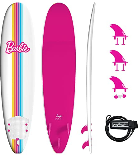Barbie™ Signature 8ft Surfboard by Wavestorm | Graphic top Deck with high Density Slick Bottom | for Kids and Adults |Foam Construction with Accessories | Leg Leash and Fin Set Included,White