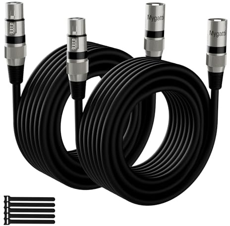 Mygatti XLR mikrofonkabel 5 meter/2 pack,svart,hane till hona,3-stifts balanserad och skärmad DMX-patchkabel,med EMI och RFI-dämpning,kompatibel med förstärkare, högtalare,+5 kabelbuntband
