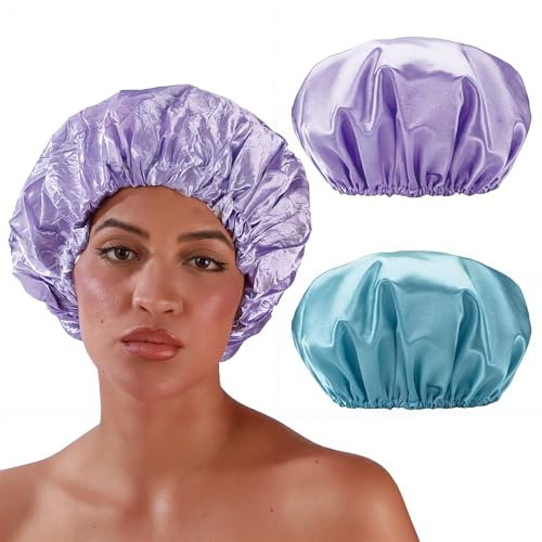 Sharpots Wiederverwendbare Duschhauben für Damen, 32,6 cm, wasserdicht, 2 Stück, große Duschhaube, EVA-Haarkappen, doppellagig, Haarschutz