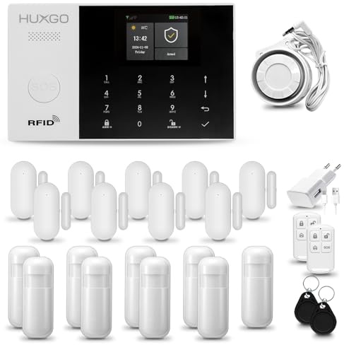 HUXGO® HXA005 Antifurto casa wireless WiFi + GSM con sirena | Kit allarme casa senza fili: 9x rilevatori di movimento, 9x sensori di allarme per finestre/porte | Allarme Casa, Appartamento