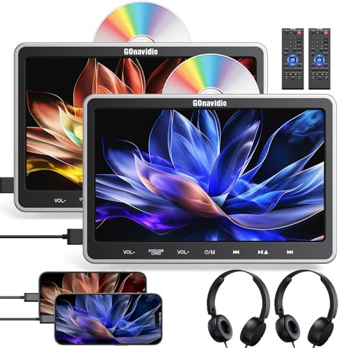 GOnavidio 10.1 Dual Car DVD Player with HDMI Input - Auto Suction Disc, Dual Movies Playback, 2 Headphones & Brackets, USB/TF Card, Last Memory - Backseat Entertainment System without Battery