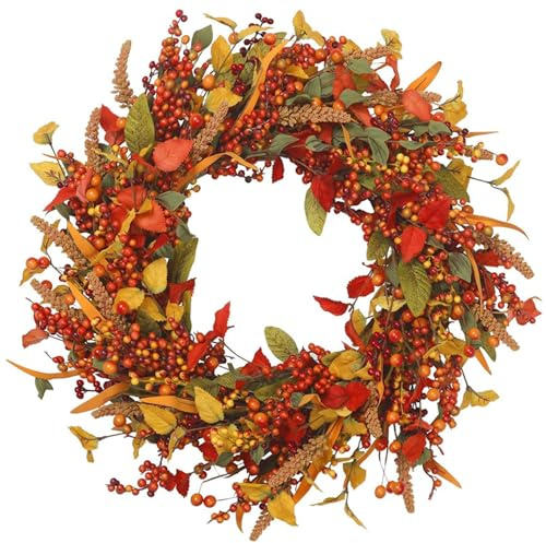 Autumn Wreath 13.8 Inch Realistic Fall Wreath for Front Door Artificial Leaf Small Berries Harvest Wreath Fall Front Porch Decor for Thanksgiving Fall Decorations