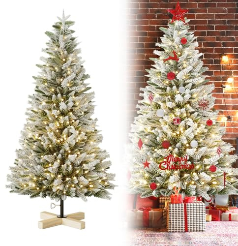 Froadp 150 cm Kunstlicher Weihnachtsbaum Premium Tannenbaum Künstlich mit Schnee-Effekt und Beleuchtung 200 LED Warmes Weiß Naturgetreuer Christbaum mit Metallständer für Weihnachten-Dekoration