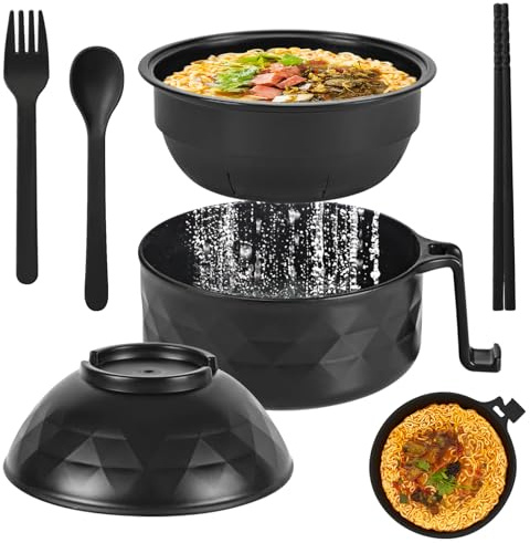 Microwave Ramen Bowl, Ramen Schüssel Set Instant Noodle Bowl mit Griffen | Instant Ramen Schüssel mit Deckel und Löffel tragbarer Mikrowellen Ramen Kocher für Suppe, Nudeln, Pasta, Salate