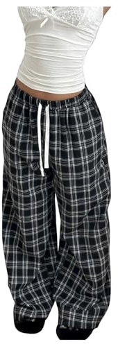 GORGLITTER Pantalon à carreaux pour femme - Élégant - Pantalon large avec cordon de serrage - Pantalon de loisirs - Avec poches - Jambes longues - Pantalon de pyjama, Noir/blanc, XS