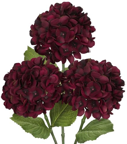 Hollyone 3er Set Hortensie Kunstblumen Rot, Ø 17cm Hortensienblüten Künstlich Seidenblumen Wie Echt Hortensien Deko Blumen für Hochzeit, Haus, Büro, Mittelstücke, Blumenarrangements