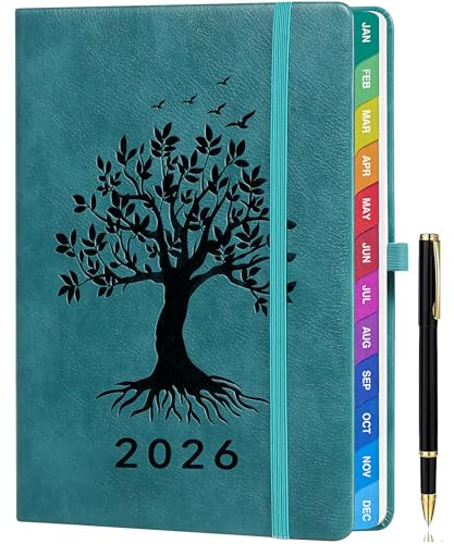 ZXHQ Diary 2026 Week to View A5, Jan to Dec, Weekly & Monthly Full Year Planner, with UK Holidays, Colourful Monthly Tabs, Fine Inner Pocket, Hardcover, and Pen Set, 5.9 × 8.5 - SeaGreen