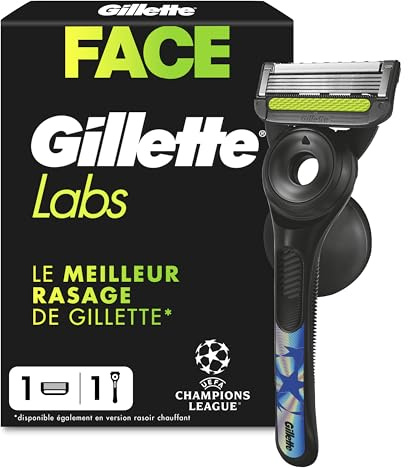 Gillette Labs Rasoir Homme, 1 Recharge, Multicolore, Edition UCL – Manche Réutilisable en Métal, Cartouche de Rechange à Lames Affutées, Tête Flexible, Rasage Efficace avec la Technologie FlexDisc 2D