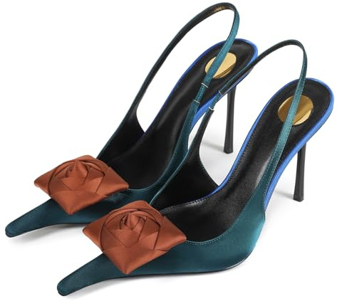 CAGLGLZ Flower High Heels for Women Closed Pointed Toe Stilettos Heel Pumps Slip On Elastic Ankle Strap Slingbacks Fashion Party Dressy Ladies Sandals Shoes, Green, 6 UK