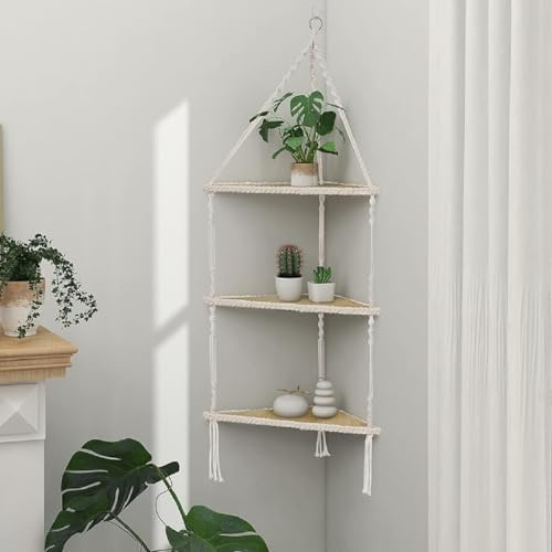 Hanging Corner Shelf White Floating Shelves Wall Hanging- Macrame 3 Tier Corner Shelf Plant Wall Decor Boho Rustic Wooden Storage Orgnizer for Bedroom Living Room Pots Photos