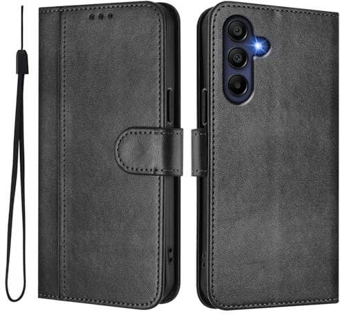 ELECWAY for Samsung Galaxy A17 5G Phone Case Wallet, Flip Leather TPU Cover with Card Holder Wrist Strap, Black