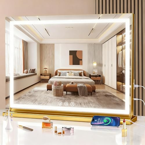 halumao Schminkspiegel mit Beleuchtung, 80 x 60 cm Hollywood schminktisch Spiegel mit Beleuchtung, 3 Modi Dimmbar Tischspiegel mit Touch-Schalter USB-Ladeanschluss Gold