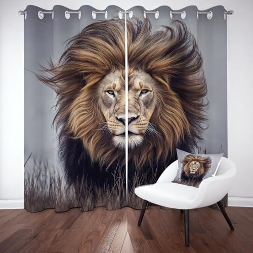 Wlujhia Vorhang küche Löwe 3D Drucken Gardinen mit Ösen 245 x 140 cm 2er Set Wilde Tiere Vorhänge Blickdicht Thermovorhang Kälteschutz Schallschutz für Wohnzimmer