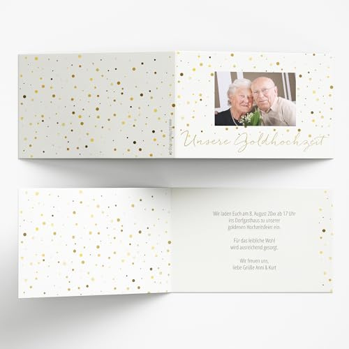 Personalisierte Einladung goldene Hochzeit, Einladungskarte Goldhochzeit, 10-100 Stück, mit eigenem und Text und Foto, Klappkarte 10x15 cm, 300 g/m² Papier, mit Briefumschlägen, Motiv Goldpunkte