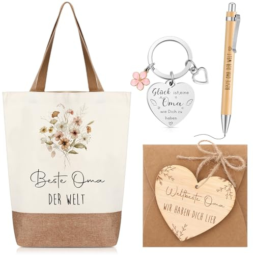 Xuniea 6 Stück Beste Oma Der Welt Einkaufstasche Geschenkset, Leinentasche, Kugelschreiber aus Holz, Schlüsselanhänger, Herzförmiges Holzstück, Umschlag, Hanfseil für Weihnachten Geburtstag Muttertag