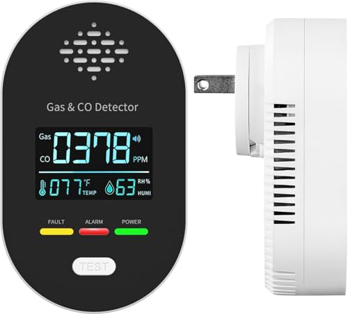 Kohlenmonoxid-Melder mit Stecker, 4-in-1 CO-Melder Gas Melder mit Temperatur- & Luftfeuchtigkeitssensor, mit akustischem Alarm für CO – geeignet für Haus & Wohnmobil (1, Schwarz)