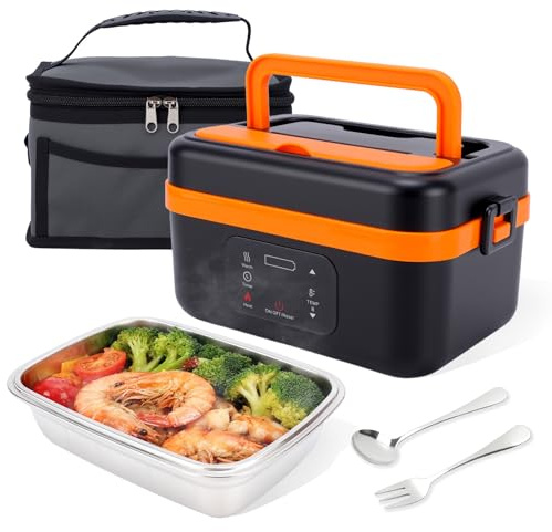 HISUEKIG 1L Cordless Electric Lunch Box, 60W Rechargeable Battery Powered Heated Lunch Box for Adult, Stainless Steel Liner, Heating Food Warmer Gift for Indoor Outdoor Work Office Camping Travel