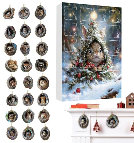 Calendrier de l'Avent Animalier 2025,24 Jours 2D Acrylique Calendrier de Noël Décor de Trou d'Arbre - Ornement Scolaire Suspendable,Pour Sac À Dos Fenêtre Balcon Porte Garçons Filles Arbre De Noël