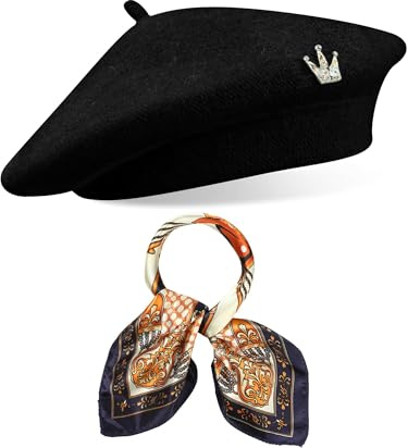 YEAMLTE Baskenmütze Damen Wolle, 3 PCS Franzosen Mütze, Passende Seidenschalbrosche, Pantomime-Mütze, Einfarbig Baskenmütze Damen Winter, Stilvolle Accessoires für Damenpartys