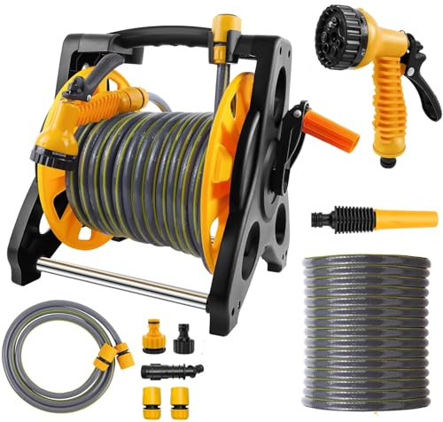Hose Box, Garden Hose Box with Garden Hose, 25 m Heavy Duty Hose Trolley, 7 Spray Modes, Wall Mountable, UV-Resistant Hose (Hose Roll + 25 m Hose Pipe)