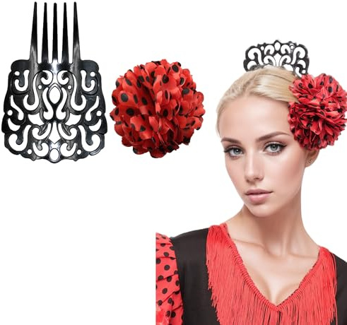Großer Flamenco-Haarkamm mit Blume, für Damen, 2-teiliges Set, traditionelles Zubehör für Aprilmesse, Sevillanu-Kostüm und andalusische Partys (schwarz rot)