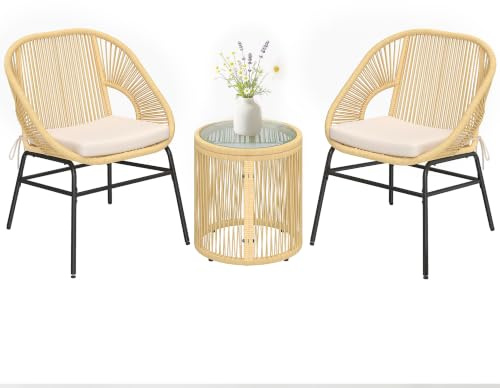 Outsunny Ensemble Bistro 3 Pièces en Résine Tressée Salon de Jardin Beige | 2 Fauteuils Confortables, Table en Verre Trempé, Coussins Déhoussables