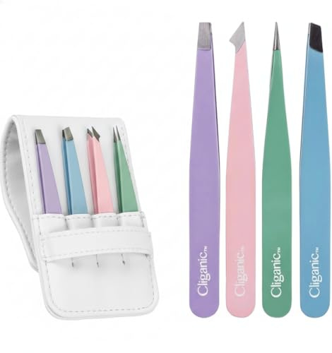 4-Piece Professional Tweezers Set with Case | Stainless Steel | Best Precision for Eyebrow, Splinter & Ingrown Hair Removal | Includes: Slant, Point, Straight, & Point/Slant