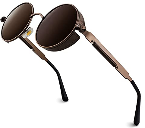 GQUEEN Retro Runde Steampunk Polarisierte Sonnenbrille Herren Damen UV400 | Leicht,Metallgestell,Verstellbare Nasenauflagen,Angeln,Autofahren,Reisen,Laufen,Golfen