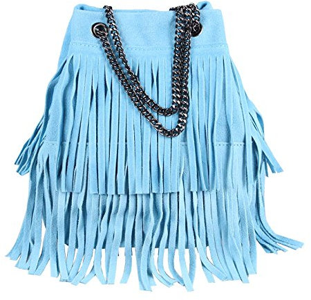 OBC Made in Italy Damen Leder Tasche Kettentasche Bucket Bag Fransen Wildleder Handtasche Umhängetasche Schultertasche Ledertasche Beuteltasche (Blau 20x25x19 cm)
