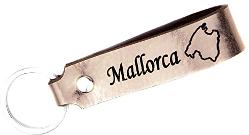 TIDERO Schlüsselanhänger Leder mit Gravur Mallorca, beidseitig | Geschenk für Geburtstag, Jahrestag Männer Frauen Spanien Urlaub Malle Souvenir Meer | 100% Handmade in Germany - Rosé Metallic