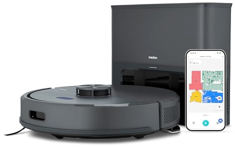 MEDION Saugroboter mit Absaugstation und Wischfunktion X22 SW+ (Lasernavigation, Starke 5000Pa Saugkraft, 2in1 Roboterstaubsauger, präzise Kartenerstellung, Go & No Go Bereiche, mehrere Etagen) blau