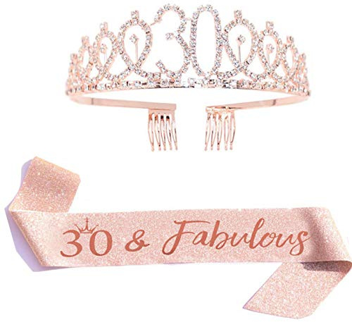 Leixi 30 and Fabulous Sash & Rhinestone Tiara Set - 30th Birthday Gifts Birthday Sash for Women Birthday Party Supplies (Rose gold)