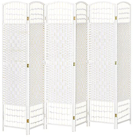HOMCOM Paravento interno pieghevole 6 pannelli pieghevoli 242L x 170H cm Divisorio per ambienti Legno di pioppo Bambù Fibre di carta intrecciate Bianco Paglia