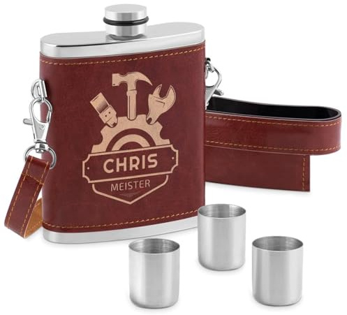 Maverton Flachmann mit Gravur - personalisiert - 250 ml - 3x10 ml Becher - aus Edelstahl - Ledertasche mit Riemen - Geburtstagsgeschenk für Männer - Farbe: Silber/Braun - Werkzeuge