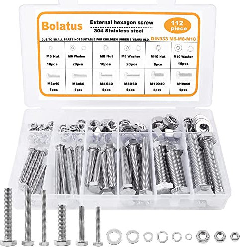 Bolatus 112 Stück Sechskantschrauben M6 M8 M10 DIN 933Edelstahl Sechskantschraube mit Muttern Maschinenschrauben Gewindeschrauben und Unterlegscheiben im Sortimentskasten Schrauben Set