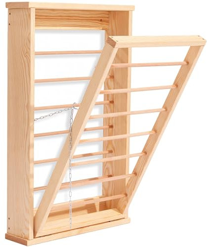 NOVECRAFTO Natural Wood Wall Mounted Drying Rack Clothes With Double Side Rails - Foldable Wall Mounted Clothes Airer 31.4 (80cm) H x 19.3 (50cm) W - Wooden Folding Laundry Airer for Indoor Use