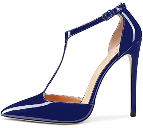 Castamere Donna Alto High Spillo Tacco Heel Chiusa a Punta Pumps T-Strap Cinturino alla Caviglia Sandali Clear Dress da Matrimonio Scarpe Blu Navy Verniciata 37 EU