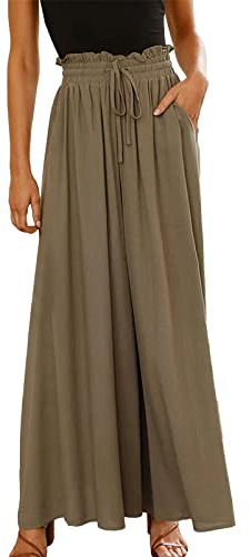 aromm Palazzo Femme Jambe Large Pantalons Taille Élastiquée Casual Longue Pantalon Kaki,L