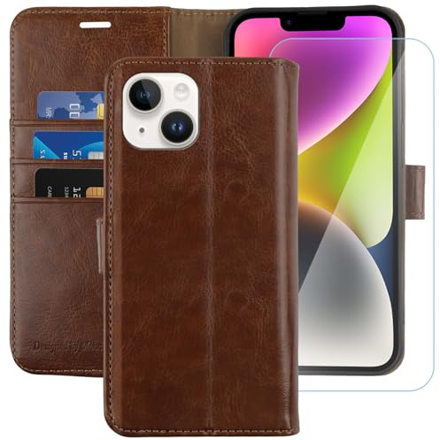 MONASAY Wallet Case for iPhone 14 with 3 Card Holders - Brown | Kickstand,RFID Blocking,6.6 feet of shock absorption,PU Leather, Strong Magnetic Closure, Fits 6.1 inch ONLY,Protective film