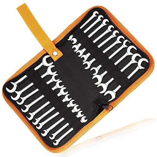 LEONTOOL Mini Double Open End Wrench Set Metric and SAE 20 Pcs 4-11mm & 5/32 to 7/16 Mirror Chrome Finish Super Thin Open Ended Spanner Double Angle Head with Portable Storage Pouches