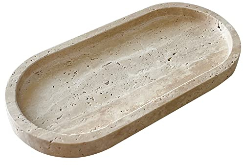 SAIDKOCC Vassoio ovale in marmo naturale ornamentale vassoio vassoio vintage per bancone, vanità, comò, comodino e scrivania (travertino beige)