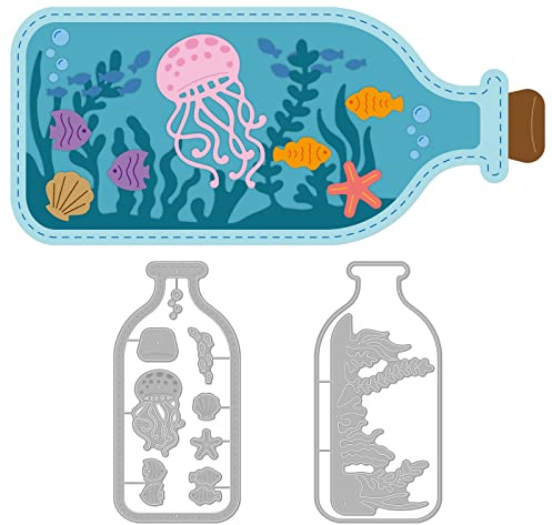 GLOBLELAND Metall Stanzschablone Sommer Drifting Flasche Papierpräge Stanzschablonen Set Quallen Seegras Stanzformen für Kartenherstellung DIY Papier Scrapbooking Handgefertigtes Fotoalbum