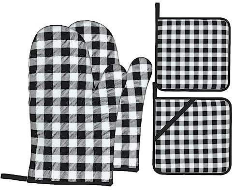 EVANEM Ofenhandschuhe und Topflappen 4er Set BBQ Handschuhe Schwarz und Weiß Gitter rutschfeste Ofenhandschuhe Hochhitzebeständige Kochhandschuhe für Küche Backen Kochen Unisex Einheitsgröße