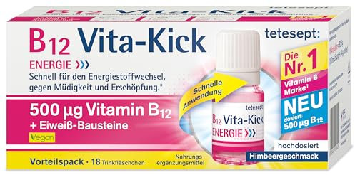 tetesept B12 Vita-Kick Trinkampullen – Nahrungsergänzungsmittel für den Energiestoffwechsel, gegen Müdigkeit und Erschöpfung - hochdosierte Vitamin B12 Ampullen – 1 Vorratspackung à 18 Trinkfläschchen